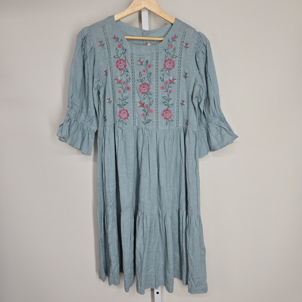 Bombay Paisley Teal Cotton Floral‎ Embroidered Tiered Smock Dress XS NWT